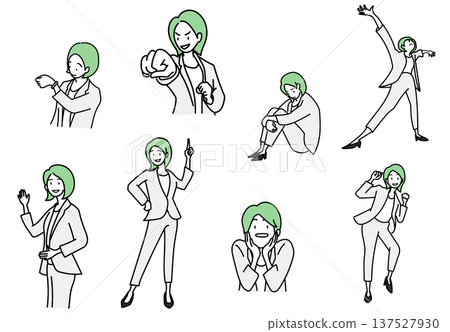 庫存插圖：一組身著職業裝的女性擺出各種姿勢和表情 137527930