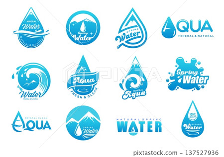 Mineral and spring water icons with vector blue drops, splashes and droplets of clean aqua. Pure eco mineral and natural mountain spring water isolated labels set of waterdrops, circles and waves Mineral and spring water icons with vector blue drops, splashes and droplets of clean aqua. Pure eco mineral and natural mountain spring water isolated labels set of waterdrops, circles and waves 137527936