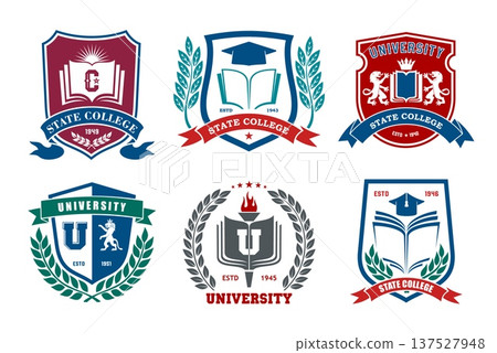 University college, academy and school education icons. Vector shield badges of books, torch and graduation hats with laurel wreaths and ribbon banners. University or college heraldic insignias set University college, academy and school education icons. Vector shield badges of books, torch and graduation hats with laurel wreaths and ribbon banners. University or college heraldic insignias set 137527948