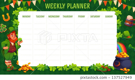Weekly planner with Irish leprechaun and holiday shamrock clover. Education vector agenda, daily schedule or kid lessons timetable template with St Patrick's objects, pot of gold, top hat and rainbow 137527949