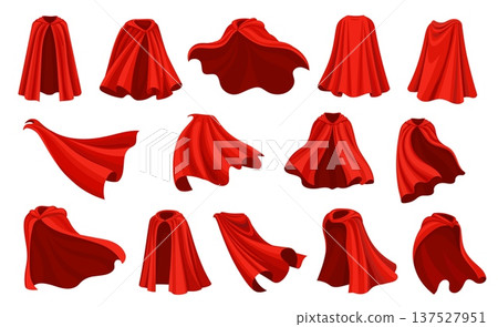 Magic carnival cape, red superhero coat and cloak mantle. Vector red silk capes with drapery waves of flowing fabric. Cartoon flying cloaks and mantles set for superhero and vampire Halloween costumes 137527951