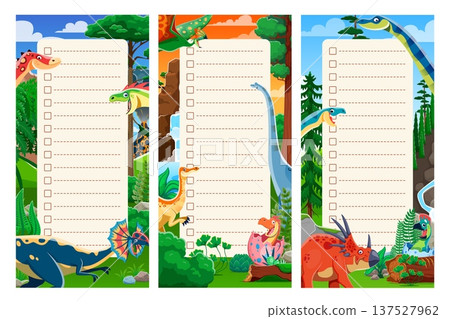 Kids memo note frames with cute dinosaurs in prehistoric jungle. Vector notebook paper page, diary or school planner, kids memo note or to do list frames of dinosaurs and baby dino characters Kids memo note frames with cute dinosaurs in prehistoric jungle. Vector notebook paper page, diary or school planner, kids memo note or to do list frames of dinosaurs and baby dino characters 137527962