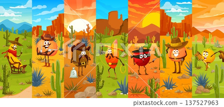 Wild west cowboy, sheriff and bandit fruit characters collage at western landscape. Cartoon vector banana, peach, kiwi, orange, mango and lemon in cowboy costumes, hats and belts. Cute kids personages Wild west cowboy, sheriff and bandit fruit characters collage at western landscape. Cartoon vector banana, peach, kiwi, orange, mango and lemon in cowboy costumes, hats and belts. Cute kids personages 137527963