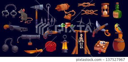 Cartoon 3d pirate game icons, Caribbean corsairs weapons and accessory, vector GUI assets. Pirate treasure gems, swords and guns, corsair knots and cannon, parrot, rum and boarding hook game icons 137527967