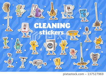 Housekeeping and cleaning groovy characters stickers. Home cleaning, household appliances groovy vector characters with floor mop, vacuum cleaner robot, washing machine and trash can, window scraper 137527969