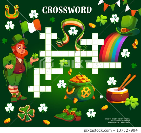 Happy St Patrick Day crossword quiz game grid vector worksheet. Cartoon leprechaun character with irish holiday symbols crossword game. St Patrick horseshoe, gold pot, rainbow and flag word puzzle 137527994