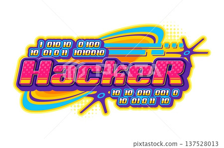 Computer hacker Y2K retro icon or emblem. Vintage software Y2K vector emblem, digital technology vintage symbol. Computer security and hacker attack sign with binary code and futuristic typography 137528013