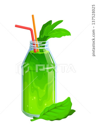 Green vegan smoothie vector drink in glass bottle with bubbles on surface, two straws and fresh green leaves. Healthy food, vegan diet, organic juice smoothie drink Green vegan smoothie vector drink in glass bottle with bubbles on surface, two straws and fresh green leaves. Healthy food, vegan diet, organic juice smoothie drink 137528025