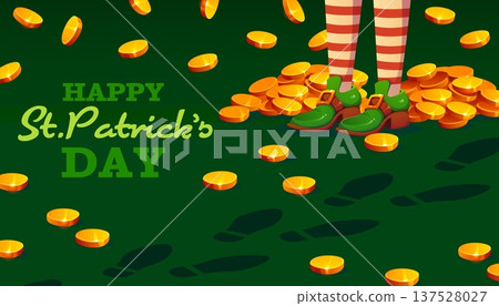 Leprechaun footprints on St Patrick Day celebration vector greeting card. Cartoon irish holiday leprechaun legs in striped socks and green shoes standing on lucky gold coins, Happy St Patrick Day 137528027