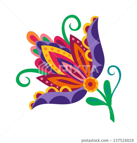 Mexican folk embroidery spring flower decoration with green stem red and purple petals. Mexican folk element, Latin American culture floral vector decor. Hispanic colorful flower isolated decoration Mexican folk embroidery spring flower decoration with green stem red and purple petals. Mexican folk element, Latin American culture floral vector decor. Hispanic colorful flower isolated decoration 137528028