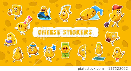 Cartoon cheese characters stickers pack. Dairy food vector sticker, emmental hard cheese character patch. Character label with sleeping, reading book, jogging and doing yoga cheese funny personages Cartoon cheese characters stickers pack. Dairy food vector sticker, emmental hard cheese character patch. Character label with sleeping, reading book, jogging and doing yoga cheese funny personages 137528032