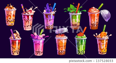 Cartoon bubble milk tea drink glasses. Vector cups of boba pearls or tapioca balls dessert beverages with milk, ice, fruits, chocolate and caramel. Bubble tea drink with splashes and drinking straws 137528033
