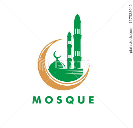 Ramadan muslim mosque abstract icon or symbol. Islam mosque graphic label, Muslim culture center vector symbol. Islamic religion abstract emblem or icon with crescent moon, mosque minaret and dome 137528041