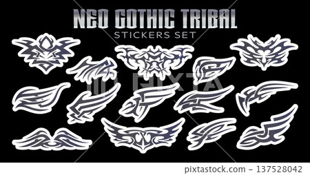 Y2K neo tribal gothic tattoo stickers pack. neo gothic psychedelic tattoos vector stickers. Y2k 2000s heavy metal, emo or goth subculture abstract black shapes, tribal graphic prints collection 137528042