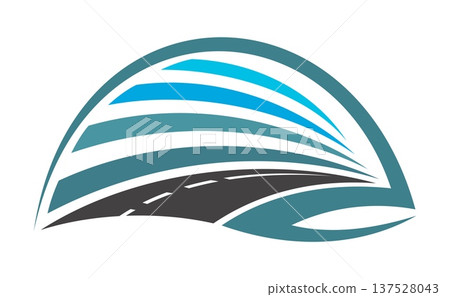 Speed highway route abstract icon or symbol. Highway way icon, asphalt pathway graphic vector emblem. Speed route abstract symbol with rode dynamic curve of asphalt lines leads into sky horizon 137528043