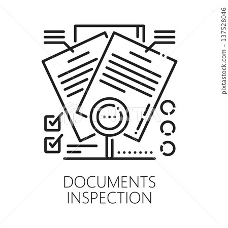 Business document inspection line icon or label. Production regulatory certification pictogram, standards control vector symbol. Quality inspection icon with paper documents and magnifying glass Business document inspection line icon or label. Production regulatory certification pictogram, standards control vector symbol. Quality inspection icon with paper documents and magnifying glass 137528046