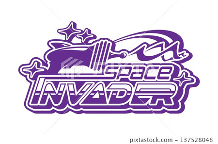 Space invader and cosmos retro Y2K icon or emblem. Universe exploration vector icon, cosmos travel element. Galaxy research Y2K symbol with alien invaders weapon, laser blaster, futuristic typography Space invader and cosmos retro Y2K icon or emblem. Universe exploration vector icon, cosmos travel element. Galaxy research Y2K symbol with alien invaders weapon, laser blaster, futuristic typography 137528048