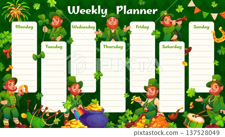 Weekly planner schedule with leprechaun characters. Education vector schedule, week planner or kid timetable with St Patrick's funny leprechauns personages, clover, pot of gold and music instruments Weekly planner schedule with leprechaun characters. Education vector schedule, week planner or kid timetable with St Patrick's funny leprechauns personages, clover, pot of gold and music instruments 137528049