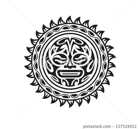 Maori sun face medallion warrior graphic black tattoo or symbol. Samoan ethnic black symbol, Polynesian tribal abstract tattoo. Maori tribe folk print 137528052