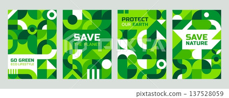 Save the Earth posters with geometric green Bauhaus pattern. Save nature geometric shapes vector banners, Earth day cards. Ecology and clean environment flyer or posters with Bauhaus abstract pattern 137528059