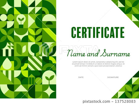 Environment business certificate template with geometric Bauhaus pattern. Ecology sustainability vector diploma, planet Earth protection certificate. Nature save award document with Bauhaus shapes Environment business certificate template with geometric Bauhaus pattern. Ecology sustainability vector diploma, planet Earth protection certificate. Nature save award document with Bauhaus shapes 137528083
