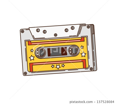 Retro groovy audio cassette decoration or sticker. Funky retro sticker, groovy vintage vector element. Hippie isolated symbol or comic colorful decoration with retro audio player tape cassette Retro groovy audio cassette decoration or sticker. Funky retro sticker, groovy vintage vector element. Hippie isolated symbol or comic colorful decoration with retro audio player tape cassette 137528084