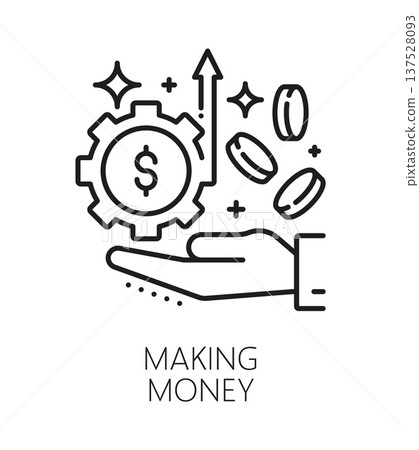 Making money life skills line icon or emblem. Personal quality outline vector sign, people life skills thin line icon. Personality potential linear pictogram or symbol with coins falling in hand 137528093