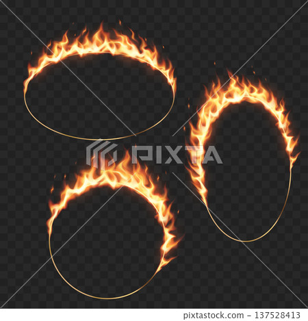 Realistic Glowing Fire Oval Frame Set. Vector Burning Ring Borders and Magic Portals Isolated on Transparent Background. Realistic Glowing Fire Oval Frame Set. Vector Burning Ring Borders and Magic Portals Isolated on Transparent Background. 137528413
