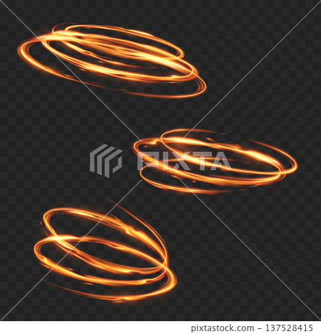 Realistic Glowing Fire Ring Set. Vector Magic Portal, Burning Circle and Light Trail Effect on Transparent Background. 137528415