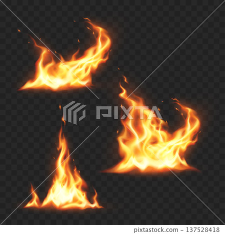 Realistic Fire Flame Border Set. Vector Glowing Burning Lines Isolated on Transparent Background. 137528418