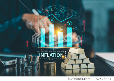 Global inflation and economy concept with rising interest rates, gold bars, coins and financial growth charts on virtual screen. 137528484