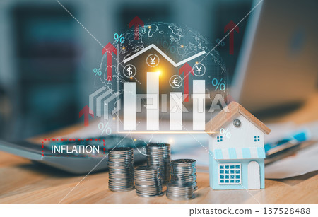 Global inflation and economy concept with rising interest rates, gold bars, coins and financial growth charts on virtual screen. Global inflation and economy concept with rising interest rates, gold bars, coins and financial growth charts on virtual screen. 137528488