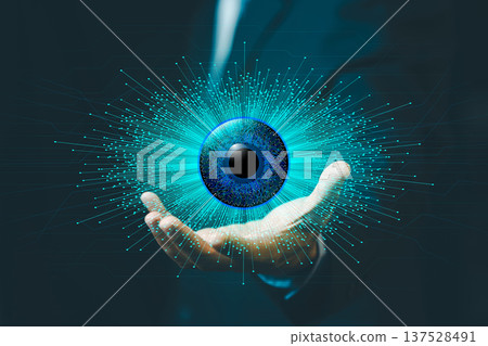 Artificial intelligence eye icon on businessman hand. Concept of biometric scanning, cybersecurity, digital identity and futuristic technology. Artificial intelligence eye icon on businessman hand. Concept of biometric scanning, cybersecurity, digital identity and futuristic technology. 137528491