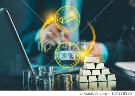 Digital icons showing exchange between cash and gold bars over financial chart. Concept of wealth diversification, asset allocation, currency trading, and investment strategy. Digital icons showing exchange between cash and gold bars over financial chart. Concept of wealth diversification, asset allocation, currency trading, and investment strategy. 137528550