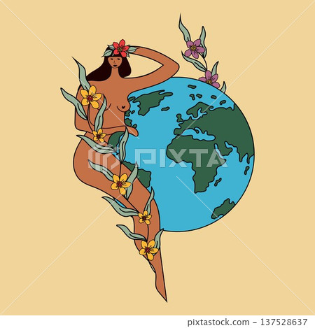 Mother Earth Woman with Flowers Embracing Planet Illustration Mother Earth Woman with Flowers Embracing Planet Illustration 137528637