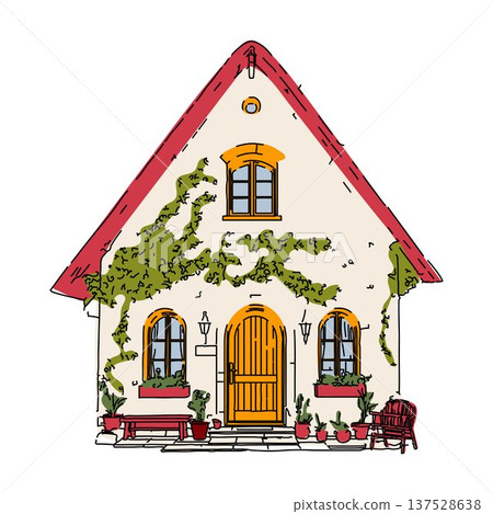 Cute Vintage Cottage House with Garden Plants Cute Vintage Cottage House with Garden Plants 137528638