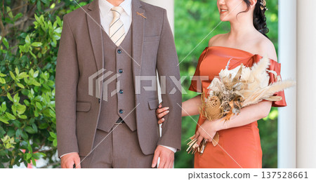 Wedding reception, after-party, bride and groom appearing in wedding color dresses, dressed-up couple 137528661
