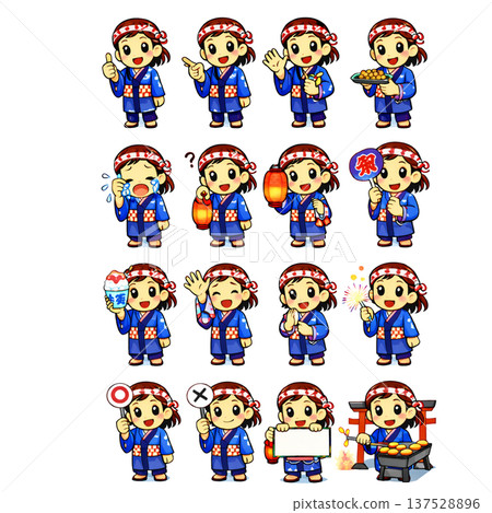 夏日祭工作人員臉部表情套裝 16種姿勢 夏日祭角色插畫 137528896