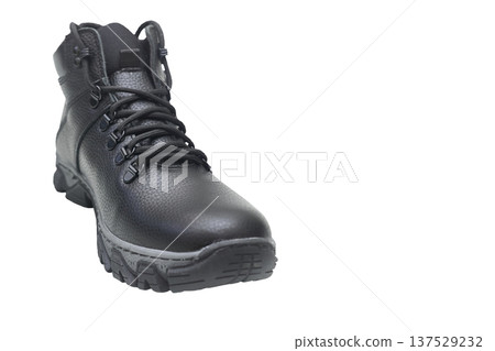 Winter footwear.One black leather warm boot with laces 137529232