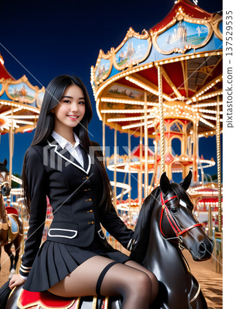 夜晚，一位美麗的女子乘坐著燈光璀璨的旋轉木馬。 137529535