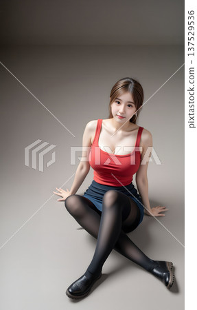 一位身材苗條卻魅力十足的年輕女子身著運動服，坐在簡潔的室內，抬頭望著前方。 137529536