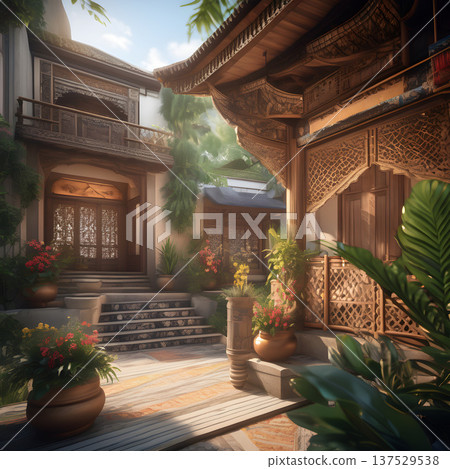 亞洲熱帶地區一棟豪華宅邸的庭院 137529538