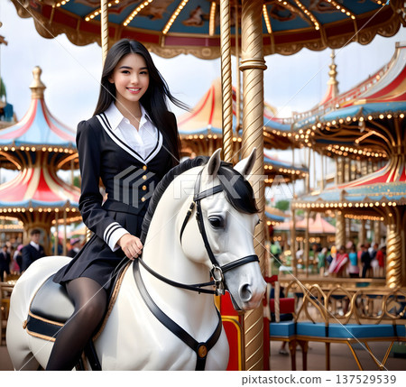 一位身穿校服的美麗女子騎在旋轉木馬上 一位身穿校服的美麗女子騎在旋轉木馬上 137529539