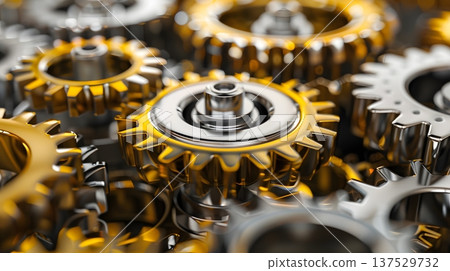 Interlocking gold and silver gears represent teamwork and systems 137529732