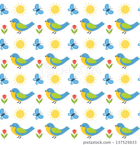 Spring nature seamless pattern with blue bird, sun and tulip flower 137529833