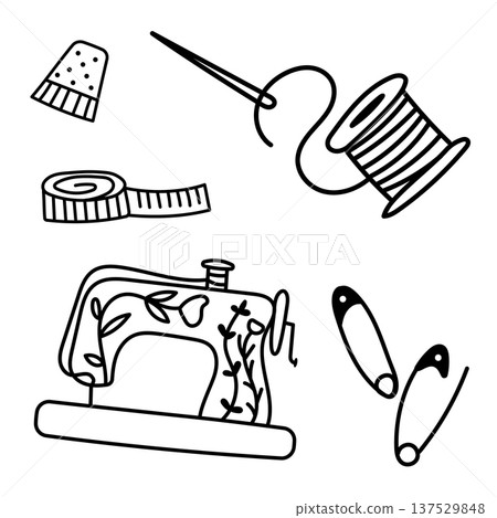 Sewing and needlework element set with sewing machine, thread and needle 137529848