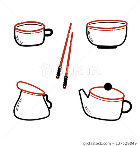 Japanese kitchen tableware set with teapot, bowl and cup 137529849