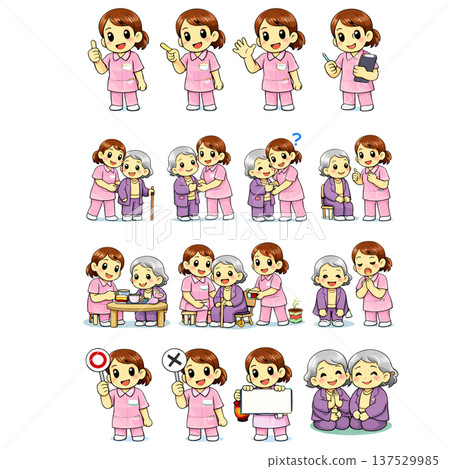 女性護理員和老年婦女護理場景面部姿勢集 16 種圖案 護理福利插圖 137529985