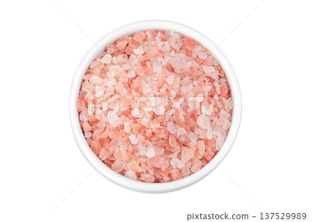 Pink Himalayan salt in ceramic bowl isolated on white background. Top view. Pink Himalayan salt in ceramic bowl isolated on white background. Top view. 137529989