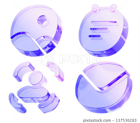Hologram glass mobile app icon 3d set - photo gallery, calendar planner, email envelope, default user avatar profile. Render digital interface elements with blue purple neon gradient. 3D illustration 137530283